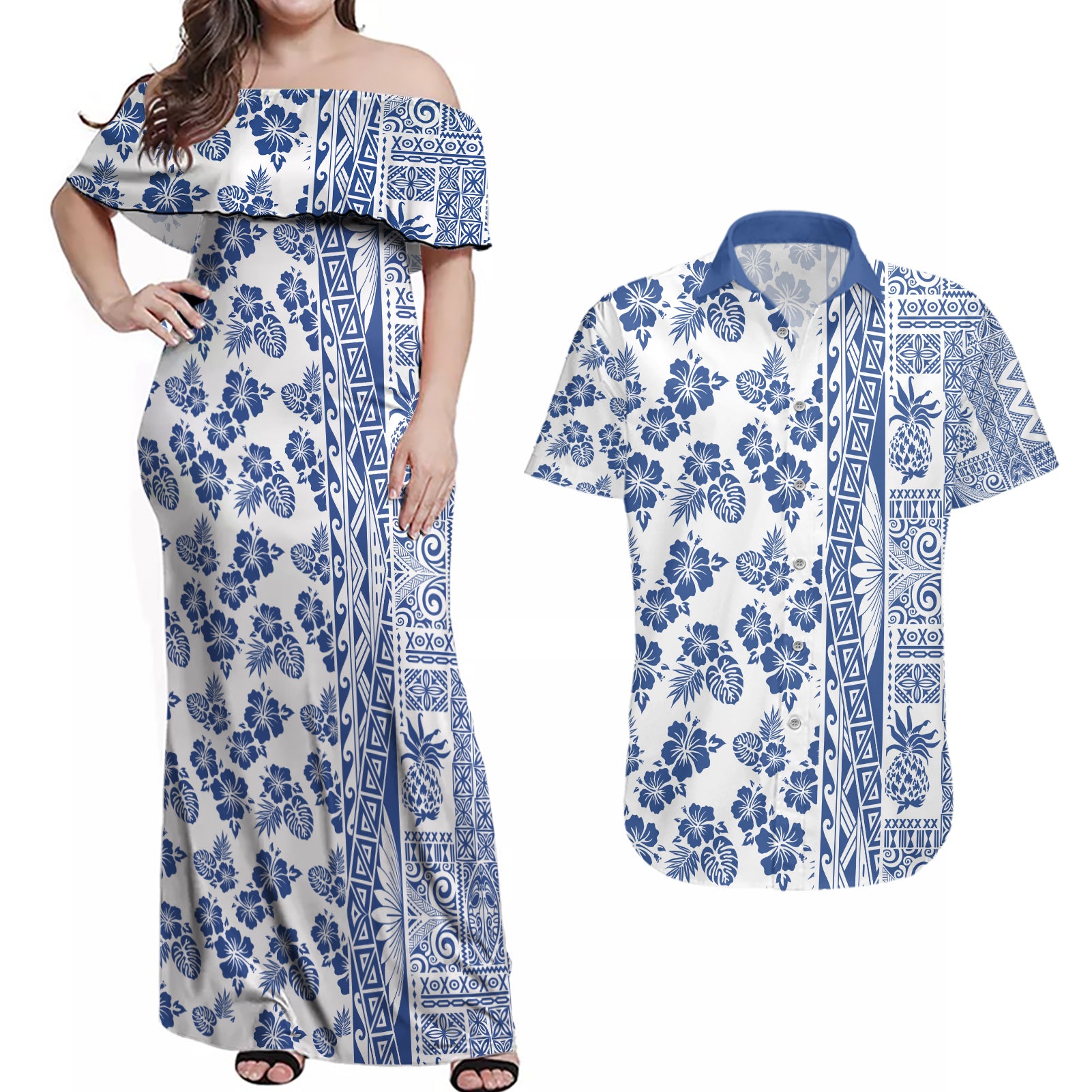 Hawaii Couples Matching Off Shoulder Maxi Dress and Hawaiian Shirt Aloha Tropical Plants Tribal Pattern Blue Version LT03 Blue - Polynesian Pride