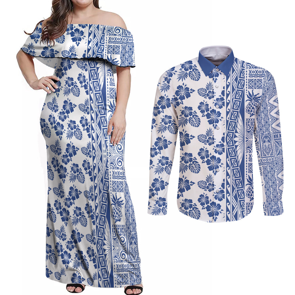 Hawaii Couples Matching Off Shoulder Maxi Dress and Long Sleeve Button Shirt Aloha Tropical Plants Tribal Pattern Blue Version LT03 Blue - Polynesian Pride