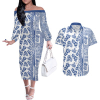 Hawaii Couples Matching Off The Shoulder Long Sleeve Dress and Hawaiian Shirt Aloha Tropical Plants Tribal Pattern Blue Version LT03 Blue - Polynesian Pride