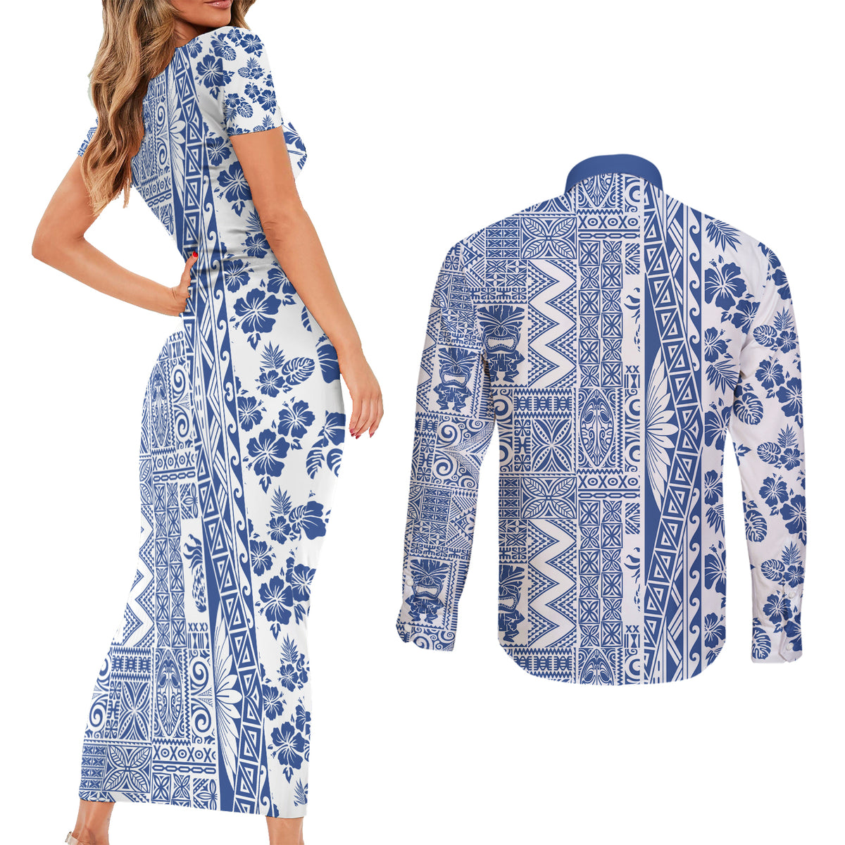 Hawaii Couples Matching Short Sleeve Bodycon Dress and Long Sleeve Button Shirt Aloha Tropical Plants Tribal Pattern Blue Version LT03 - Polynesian Pride