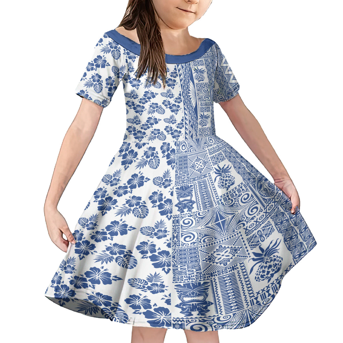 Hawaii Family Matching Long Sleeve Bodycon Dress and Hawaiian Shirt Aloha Tropical Plants Tribal Pattern Blue Version LT03 Daughter's Dress Blue - Polynesian Pride