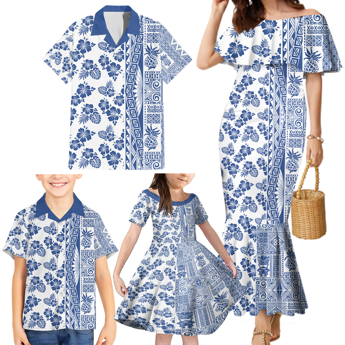 Hawaii Family Matching Mermaid Dress and Hawaiian Shirt Aloha Tropical Plants Tribal Pattern Blue Version LT03 - Polynesian Pride