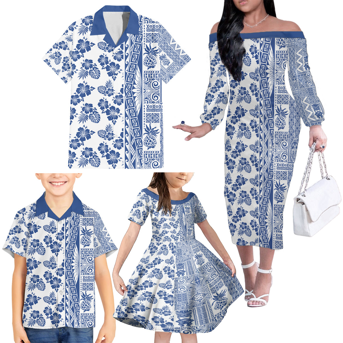 Hawaii Family Matching Off Shoulder Long Sleeve Dress and Hawaiian Shirt Aloha Tropical Plants Tribal Pattern Blue Version LT03 - Polynesian Pride