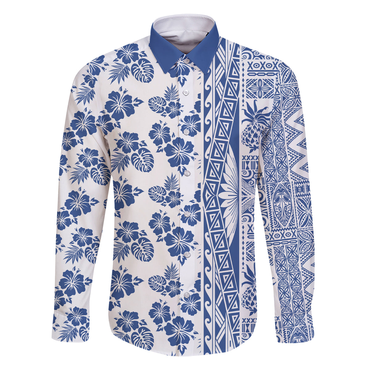 Hawaii Family Matching Off Shoulder Maxi Dress and Hawaiian Shirt Aloha Tropical Plants Tribal Pattern Blue Version LT03 Dad's Shirt - Long Sleeve Blue - Polynesian Pride