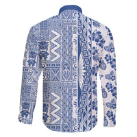 Hawaii Family Matching Off Shoulder Short Dress and Hawaiian Shirt Aloha Tropical Plants Tribal Pattern Blue Version LT03 - Polynesian Pride