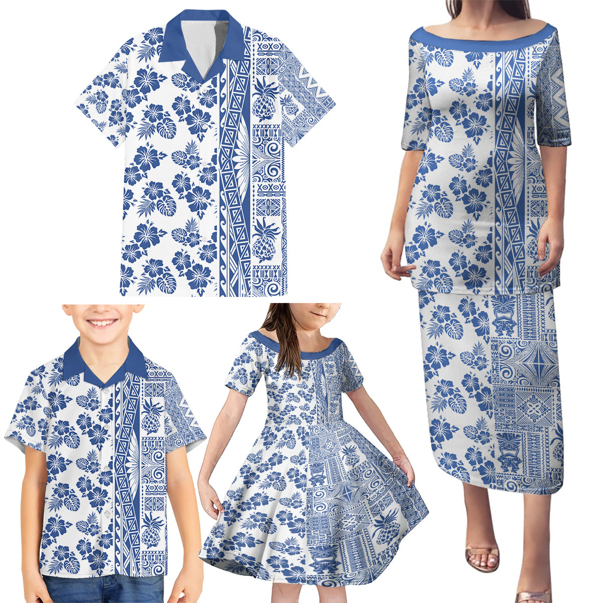 Hawaii Family Matching Puletasi Dress and Hawaiian Shirt Aloha Tropical Plants Tribal Pattern Blue Version LT03 - Polynesian Pride