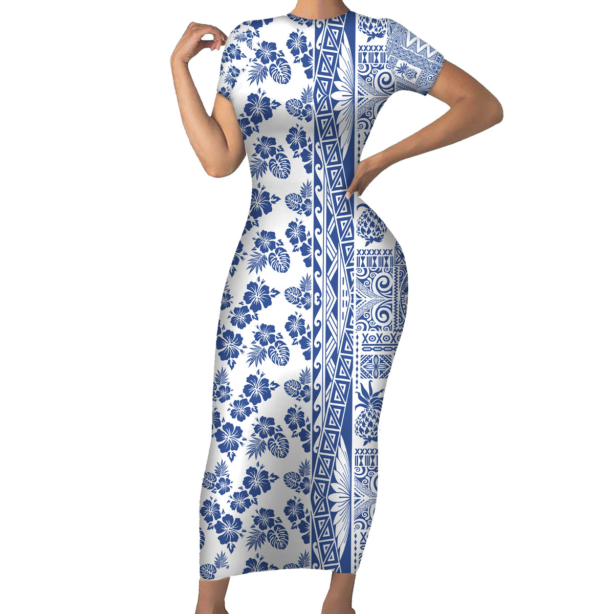 Hawaii Family Matching Short Sleeve Bodycon Dress and Hawaiian Shirt Aloha Tropical Plants Tribal Pattern Blue Version LT03 Mom's Dress Blue - Polynesian Pride