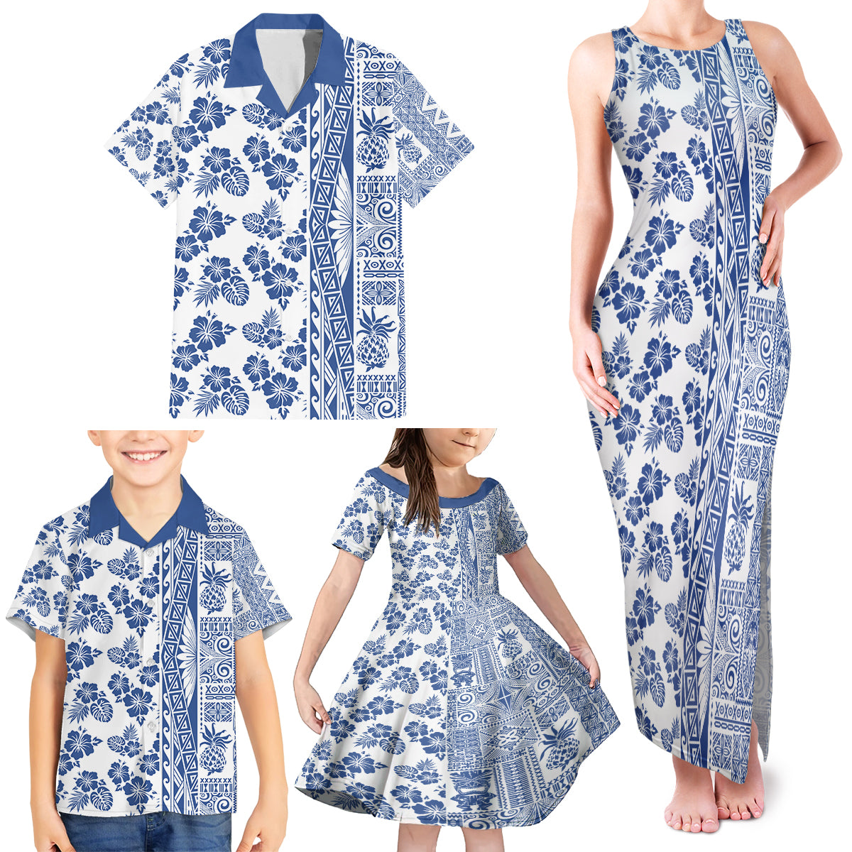 Hawaii Family Matching Tank Maxi Dress and Hawaiian Shirt Aloha Tropical Plants Tribal Pattern Blue Version LT03 - Polynesian Pride