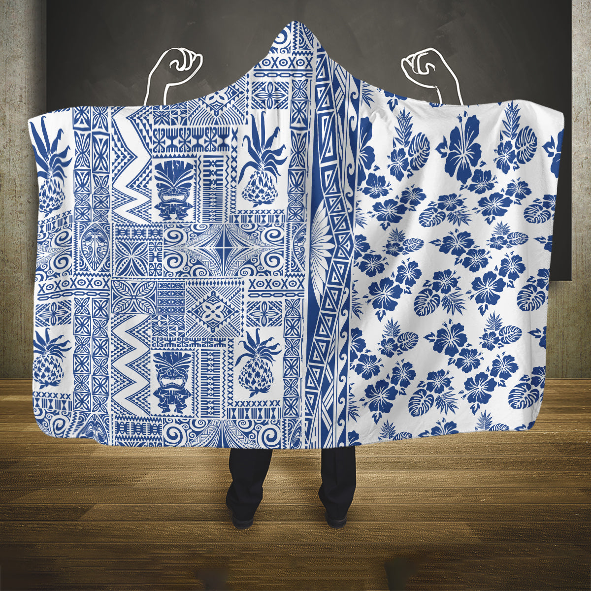 Hawaii Hooded Blanket Aloha Tropical Plants Tribal Pattern Blue Version LT03 One Size Blue - Polynesian Pride