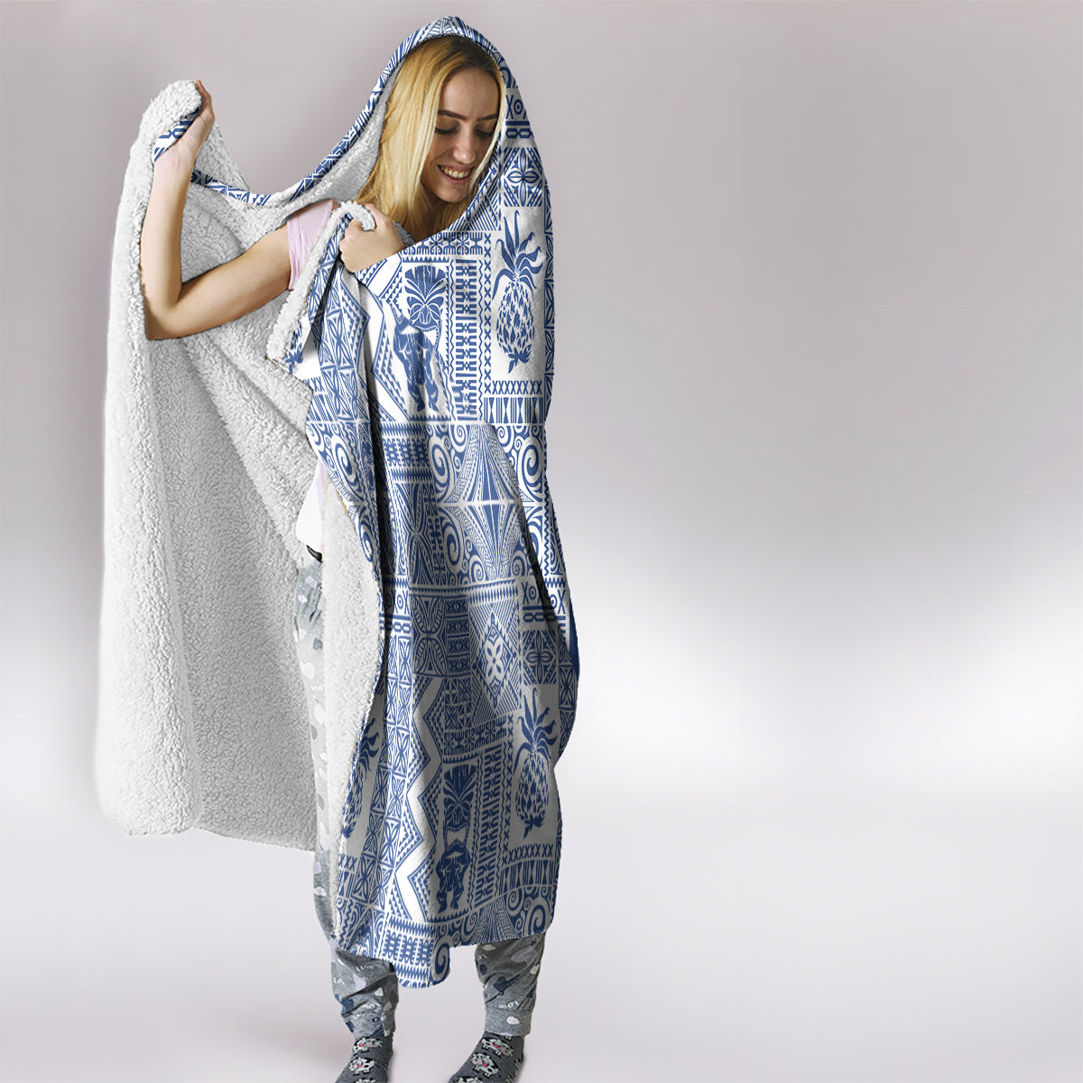 Hawaii Hooded Blanket Aloha Tropical Plants Tribal Pattern Blue Version LT03 - Polynesian Pride