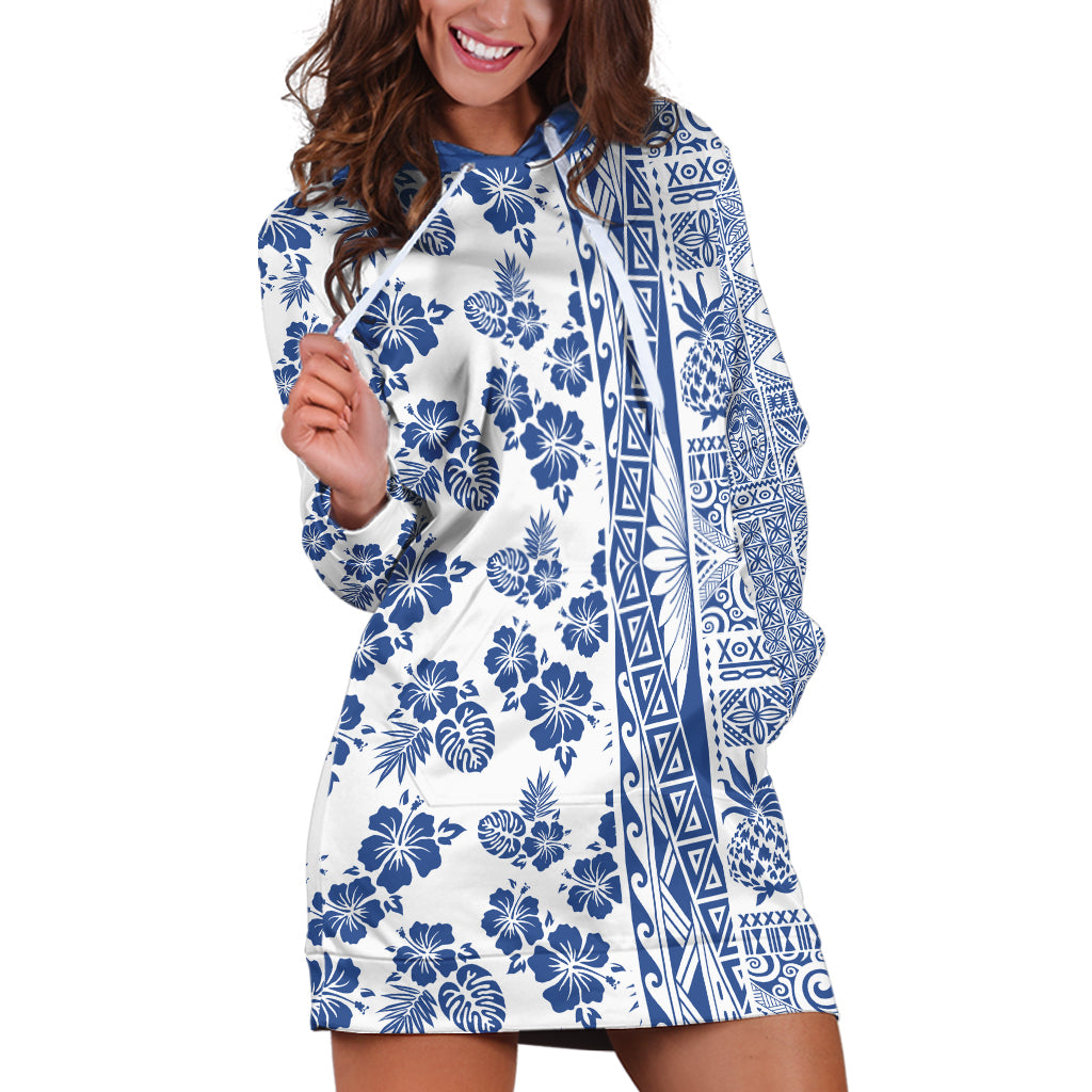 Hawaii Hoodie Dress Aloha Tropical Plants Tribal Pattern Blue Version LT03 Blue - Polynesian Pride