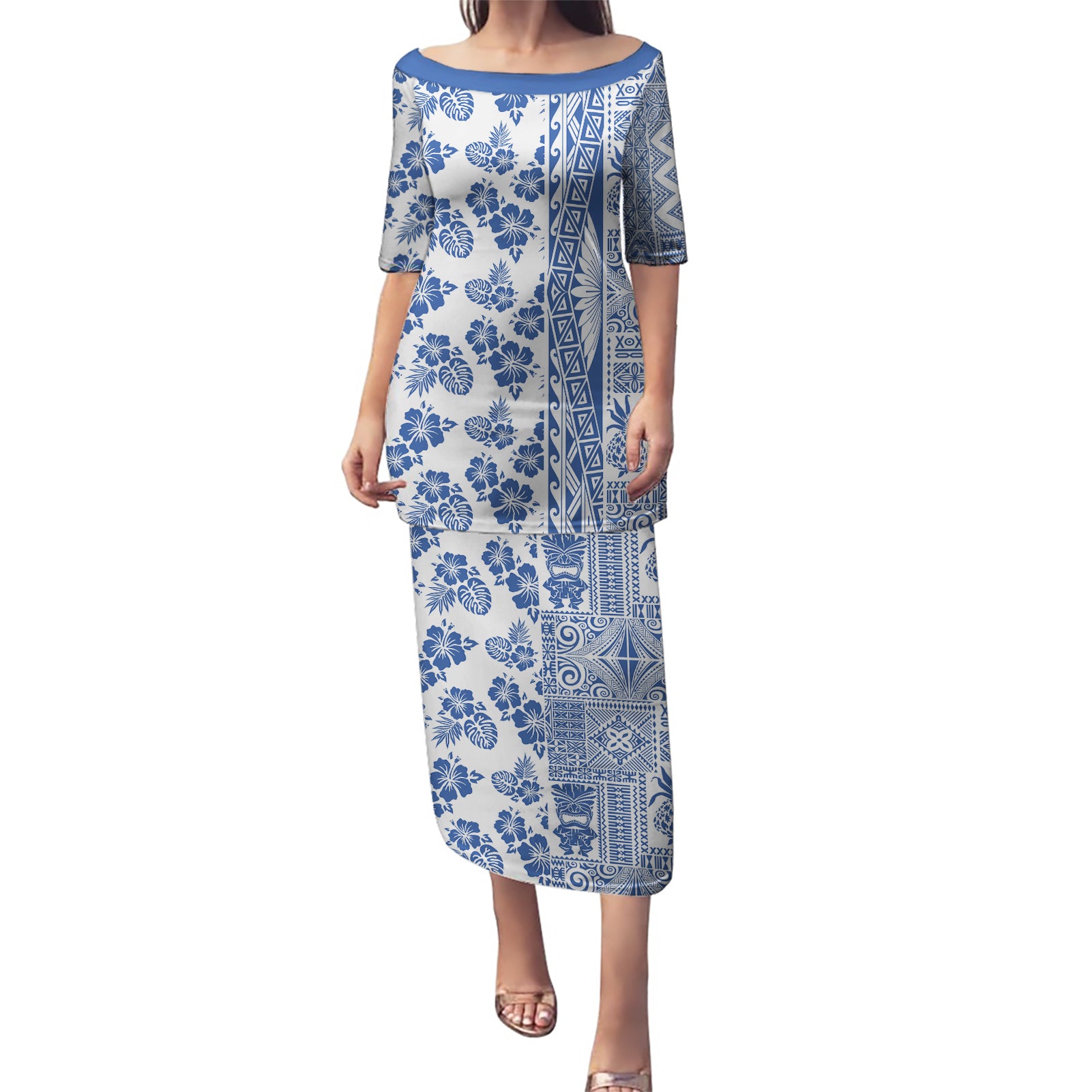 Hawaii Puletasi Aloha Tropical Plants Tribal Pattern Blue Version LT03 Long Dress Blue - Polynesian Pride