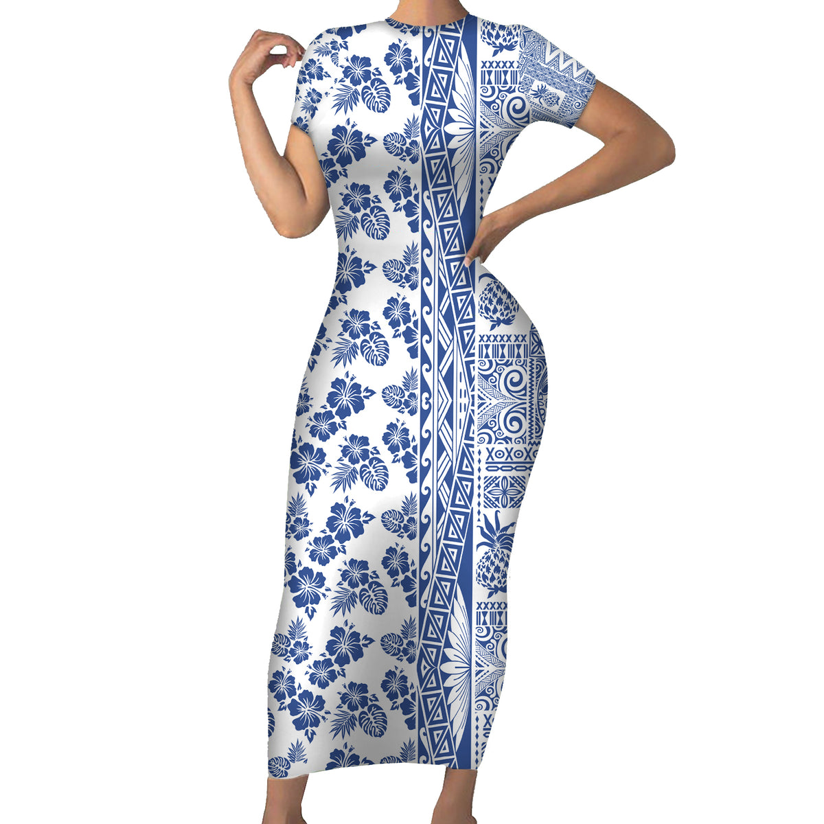 Hawaii Short Sleeve Bodycon Dress Aloha Tropical Plants Tribal Pattern Blue Version LT03 Long Dress Blue - Polynesian Pride