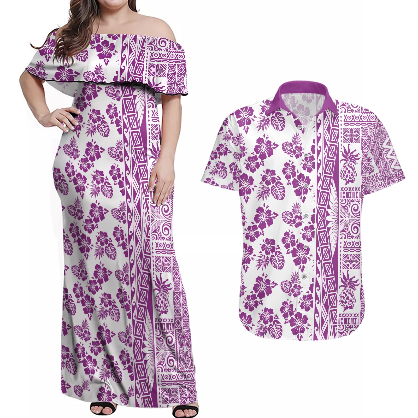 Hawaii Couples Matching Off Shoulder Maxi Dress and Hawaiian Shirt Aloha Tropical Plants Tribal Pattern Pink Version LT03 Pink - Polynesian Pride