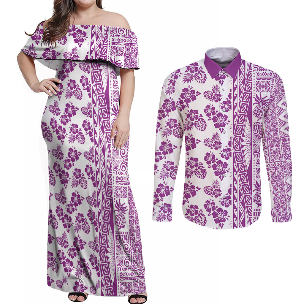 Hawaii Couples Matching Off Shoulder Maxi Dress and Long Sleeve Button Shirt Aloha Tropical Plants Tribal Pattern Pink Version LT03 Pink - Polynesian Pride