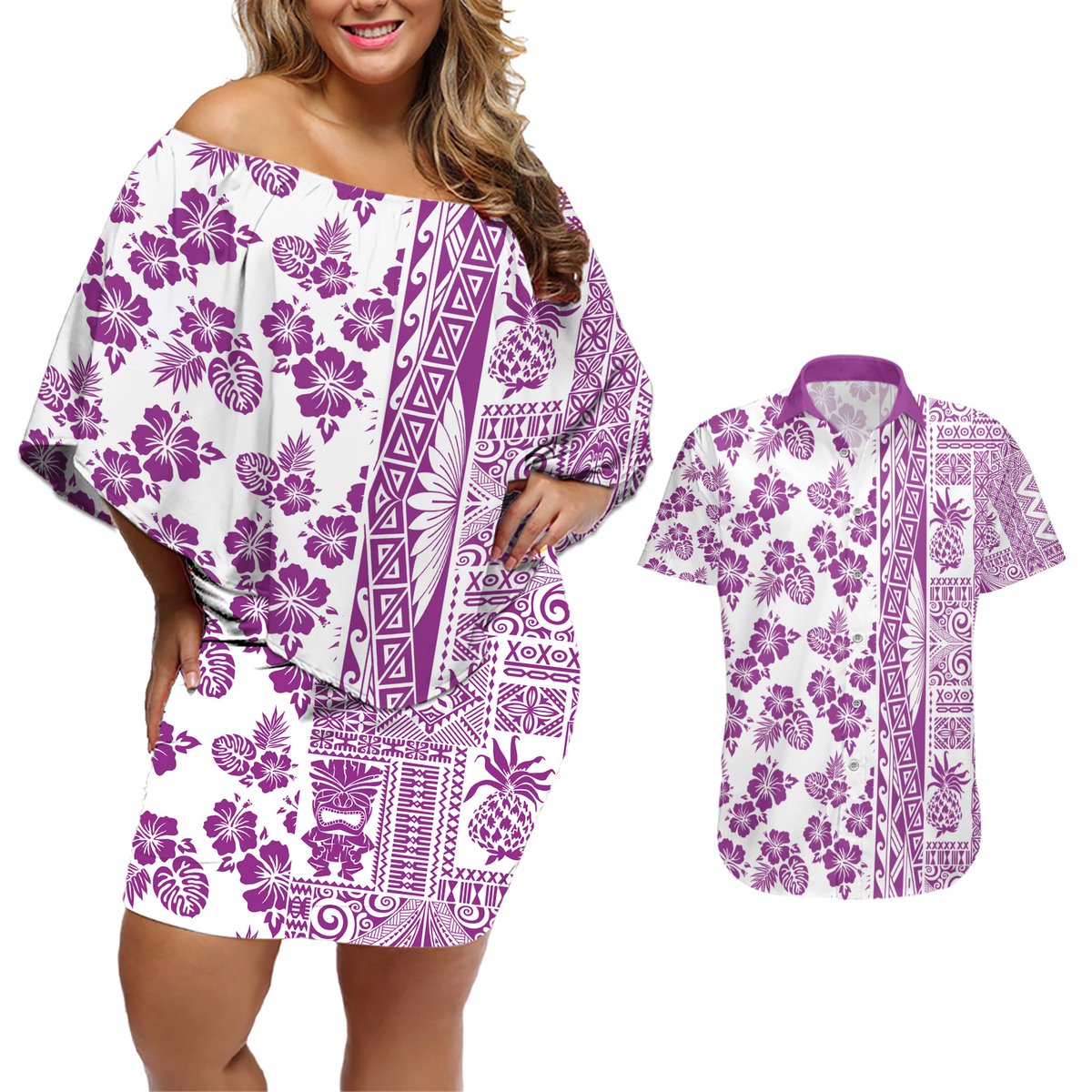 Hawaii Couples Matching Off Shoulder Short Dress and Hawaiian Shirt Aloha Tropical Plants Tribal Pattern Pink Version LT03 Pink - Polynesian Pride