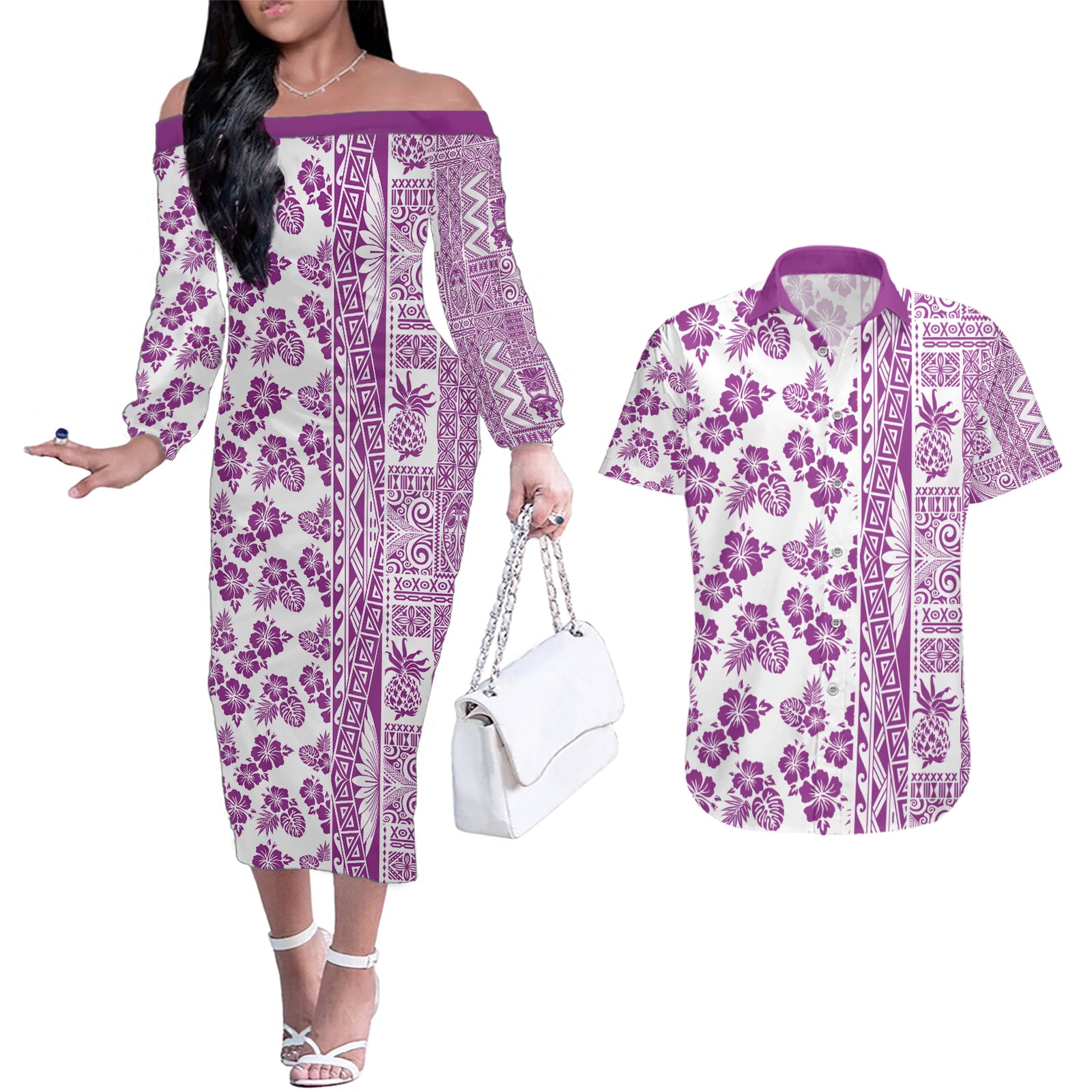 Hawaii Couples Matching Off The Shoulder Long Sleeve Dress and Hawaiian Shirt Aloha Tropical Plants Tribal Pattern Pink Version LT03 Pink - Polynesian Pride