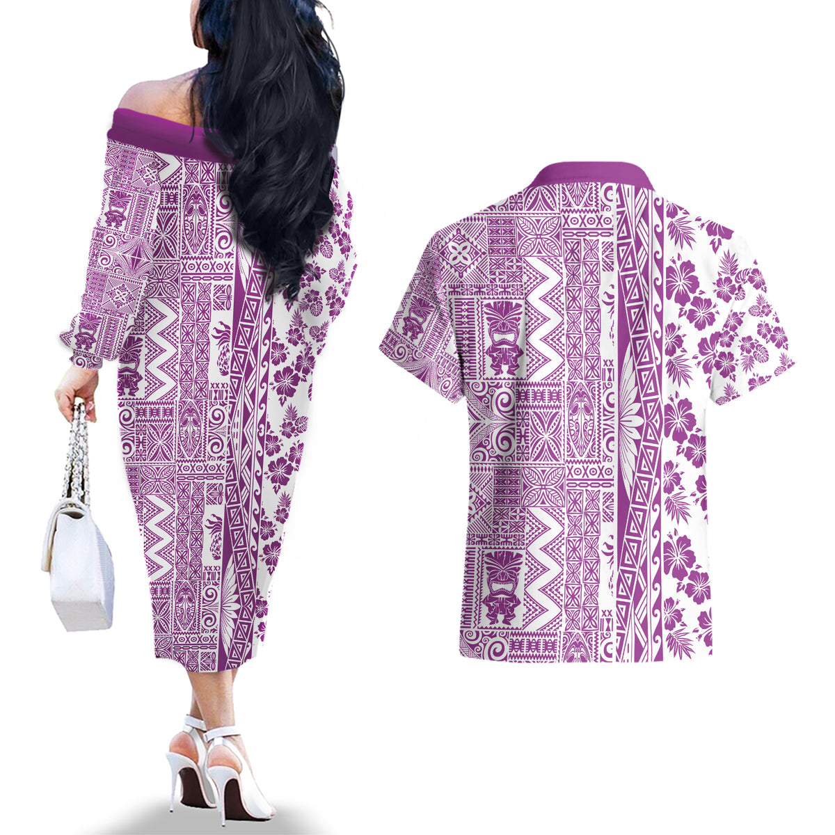 Hawaii Couples Matching Off The Shoulder Long Sleeve Dress and Hawaiian Shirt Aloha Tropical Plants Tribal Pattern Pink Version LT03 - Polynesian Pride