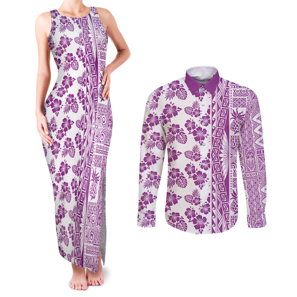 Hawaii Couples Matching Tank Maxi Dress and Long Sleeve Button Shirt Aloha Tropical Plants Tribal Pattern Pink Version LT03 Pink - Polynesian Pride