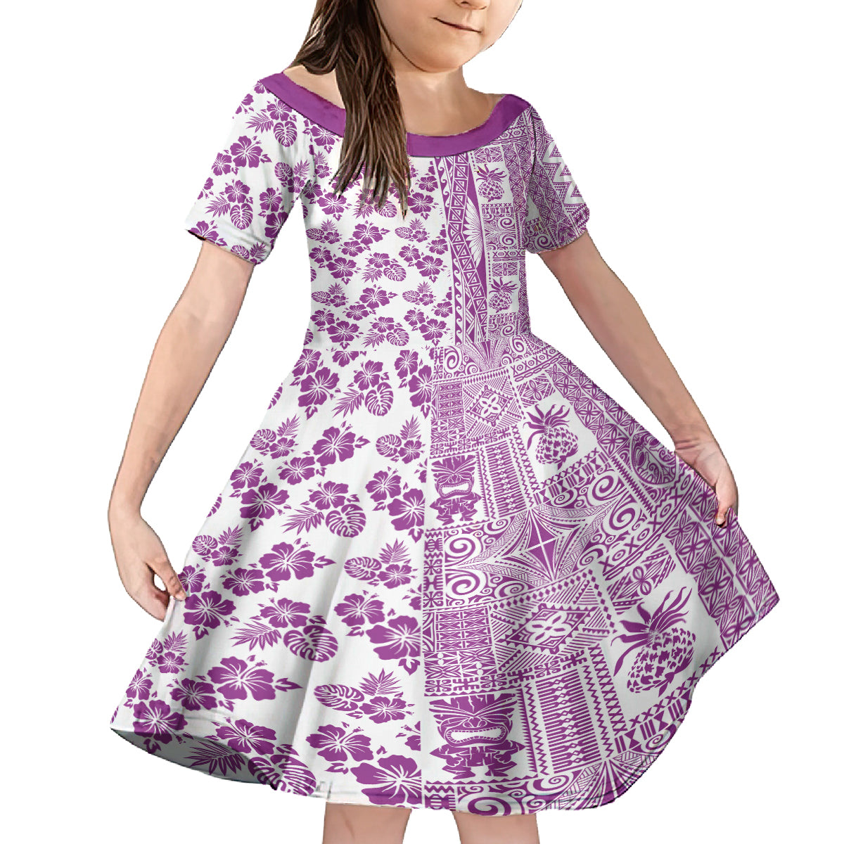 Hawaii Family Matching Long Sleeve Bodycon Dress and Hawaiian Shirt Aloha Tropical Plants Tribal Pattern Pink Version LT03 Daughter's Dress Pink - Polynesian Pride