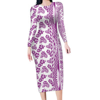 Hawaii Family Matching Long Sleeve Bodycon Dress and Hawaiian Shirt Aloha Tropical Plants Tribal Pattern Pink Version LT03 Mom's Dress Pink - Polynesian Pride
