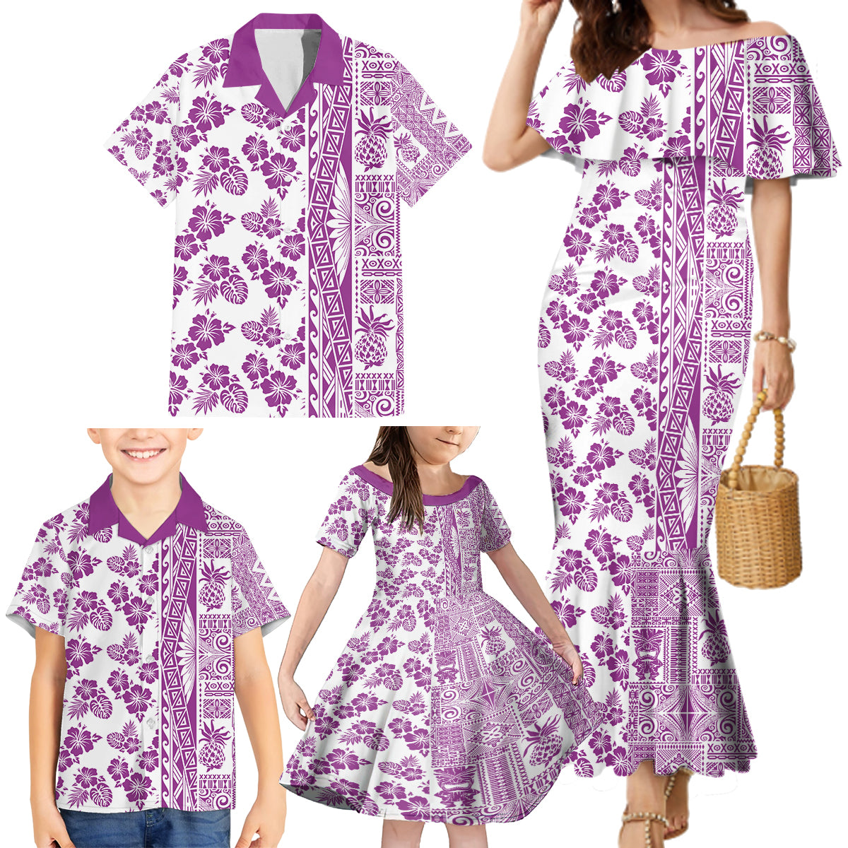 Hawaii Family Matching Mermaid Dress and Hawaiian Shirt Aloha Tropical Plants Tribal Pattern Pink Version LT03 - Polynesian Pride