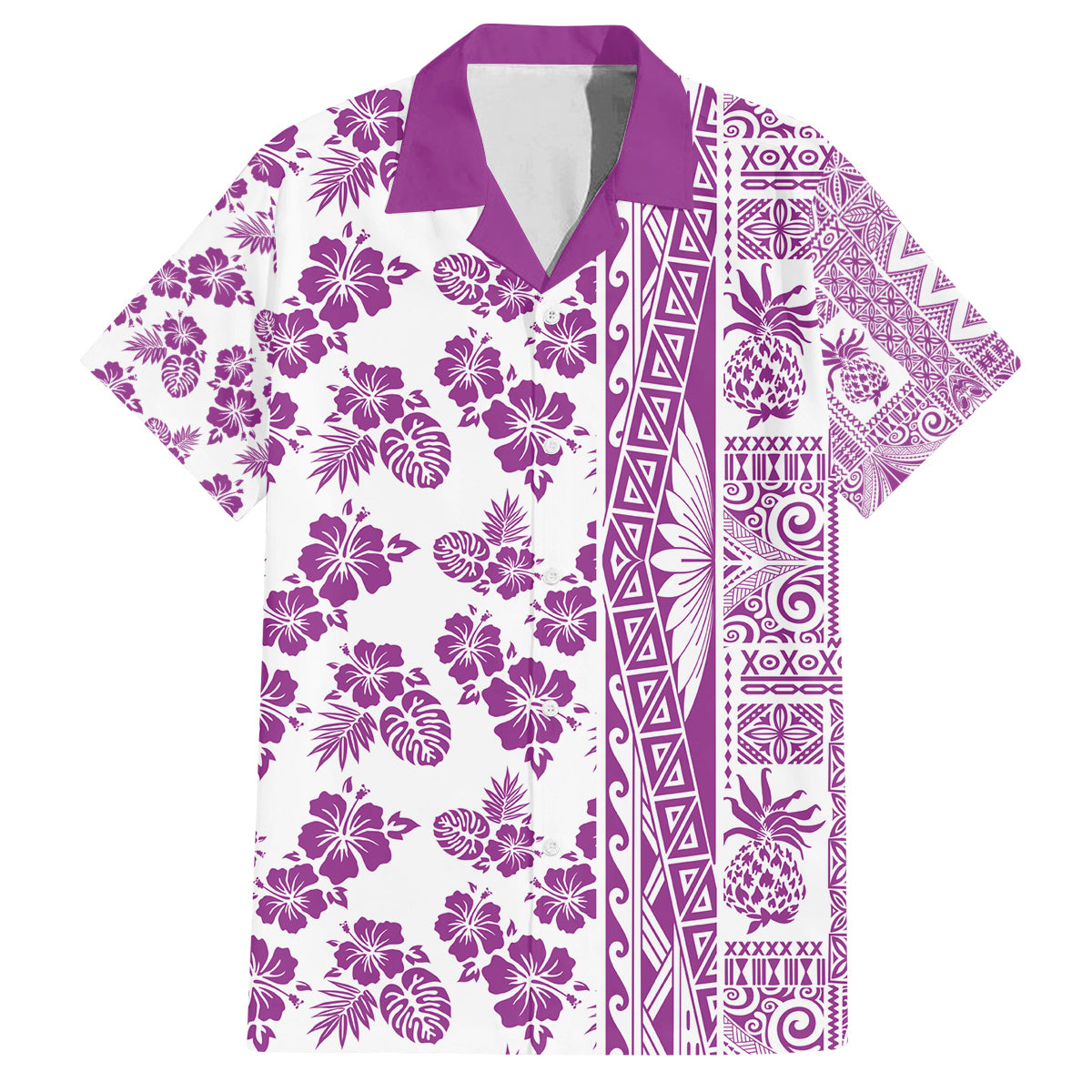 Hawaii Family Matching Off Shoulder Long Sleeve Dress and Hawaiian Shirt Aloha Tropical Plants Tribal Pattern Pink Version LT03 Dad's Shirt - Short Sleeve Pink - Polynesian Pride