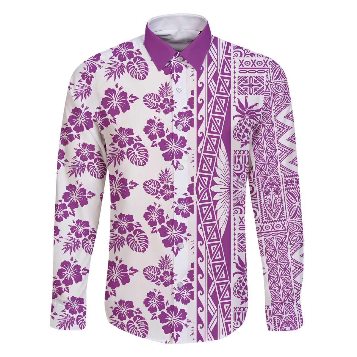 Hawaii Family Matching Off Shoulder Long Sleeve Dress and Hawaiian Shirt Aloha Tropical Plants Tribal Pattern Pink Version LT03 Dad's Shirt - Long Sleeve Pink - Polynesian Pride