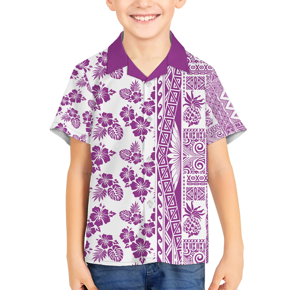 Hawaii Family Matching Off Shoulder Maxi Dress and Hawaiian Shirt Aloha Tropical Plants Tribal Pattern Pink Version LT03 Son's Shirt Pink - Polynesian Pride