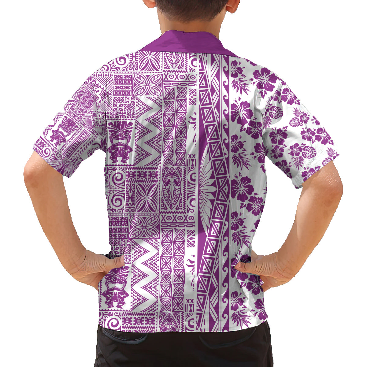 Hawaii Family Matching Off Shoulder Short Dress and Hawaiian Shirt Aloha Tropical Plants Tribal Pattern Pink Version LT03 - Polynesian Pride