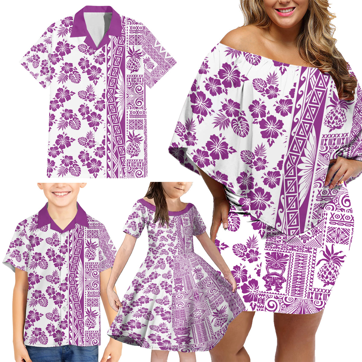 Hawaii Family Matching Off Shoulder Short Dress and Hawaiian Shirt Aloha Tropical Plants Tribal Pattern Pink Version LT03 - Polynesian Pride