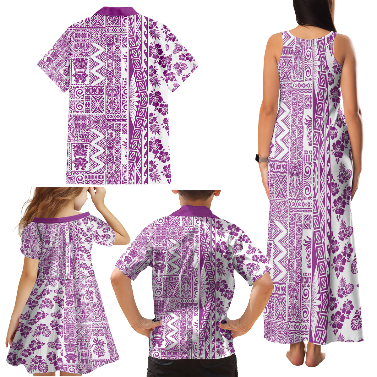 Hawaii Family Matching Tank Maxi Dress and Hawaiian Shirt Aloha Tropical Plants Tribal Pattern Pink Version LT03 - Polynesian Pride