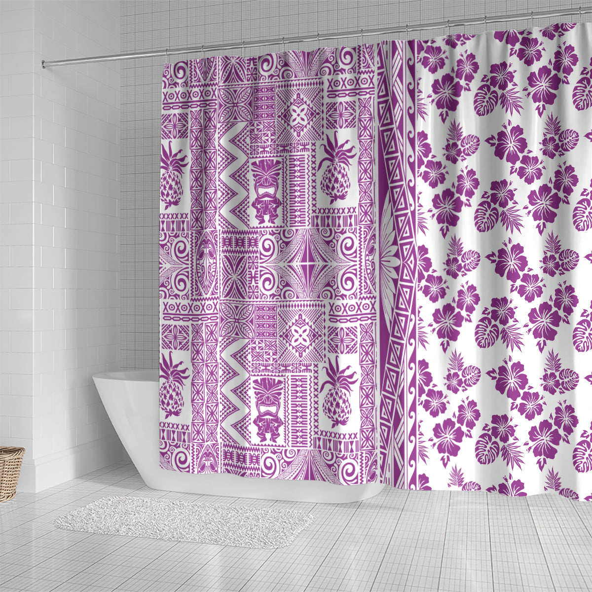 Hawaii Shower Curtain Aloha Tropical Plants Tribal Pattern Pink Version LT03 - Polynesian Pride