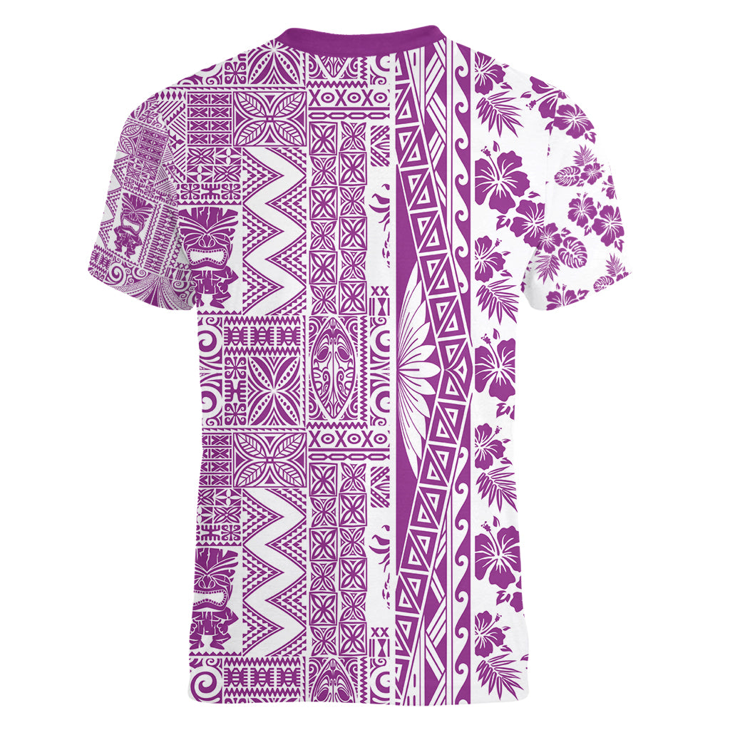 Hawaii Women V Neck T Shirt Aloha Tropical Plants Tribal Pattern Pink Version LT03 - Polynesian Pride