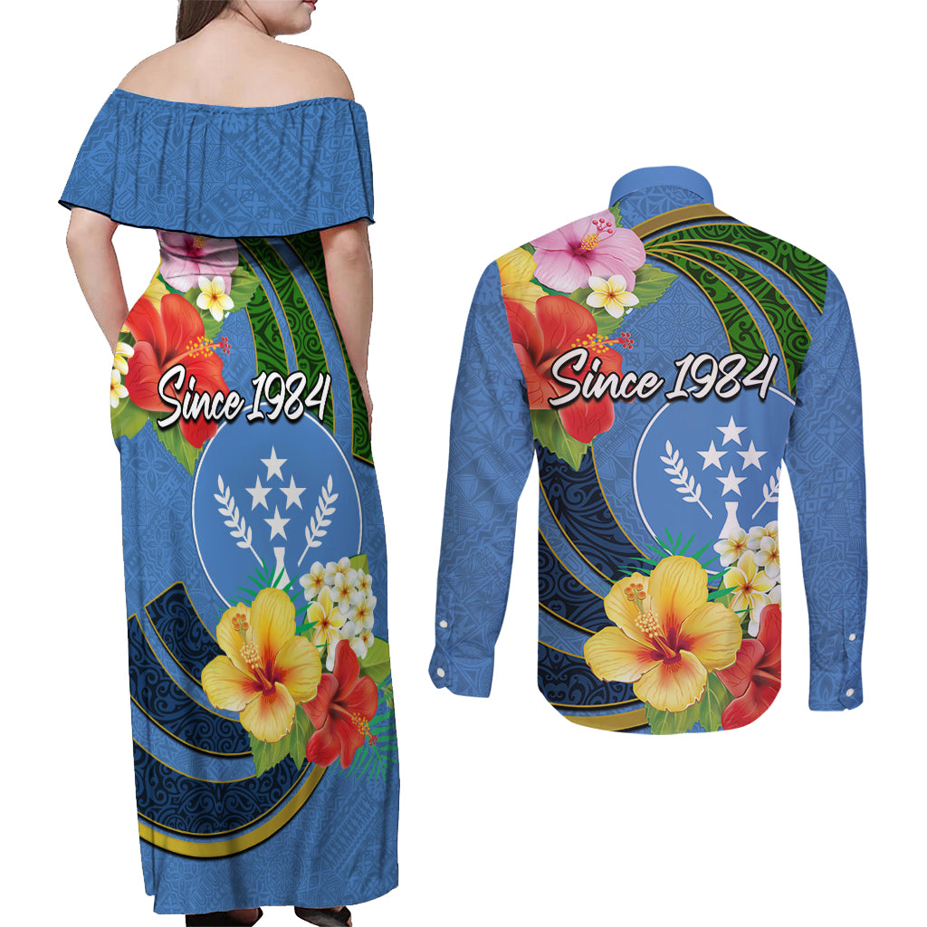 Kosrae Constitution Day Couples Matching Off Shoulder Maxi Dress and Long Sleeve Button Shirt Hibiscus Mix Maori Tattoo Pattern LT03 - Polynesian Pride