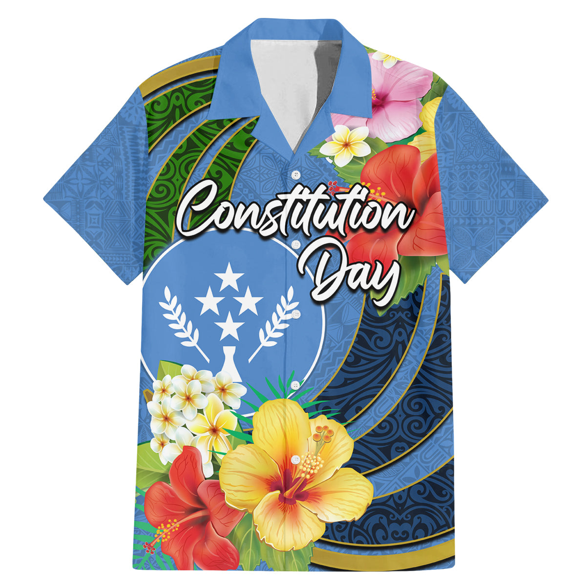 Kosrae Constitution Day Family Matching Mermaid Dress and Hawaiian Shirt Hibiscus Mix Maori Tattoo Pattern LT03 Dad's Shirt - Short Sleeve Blue - Polynesian Pride