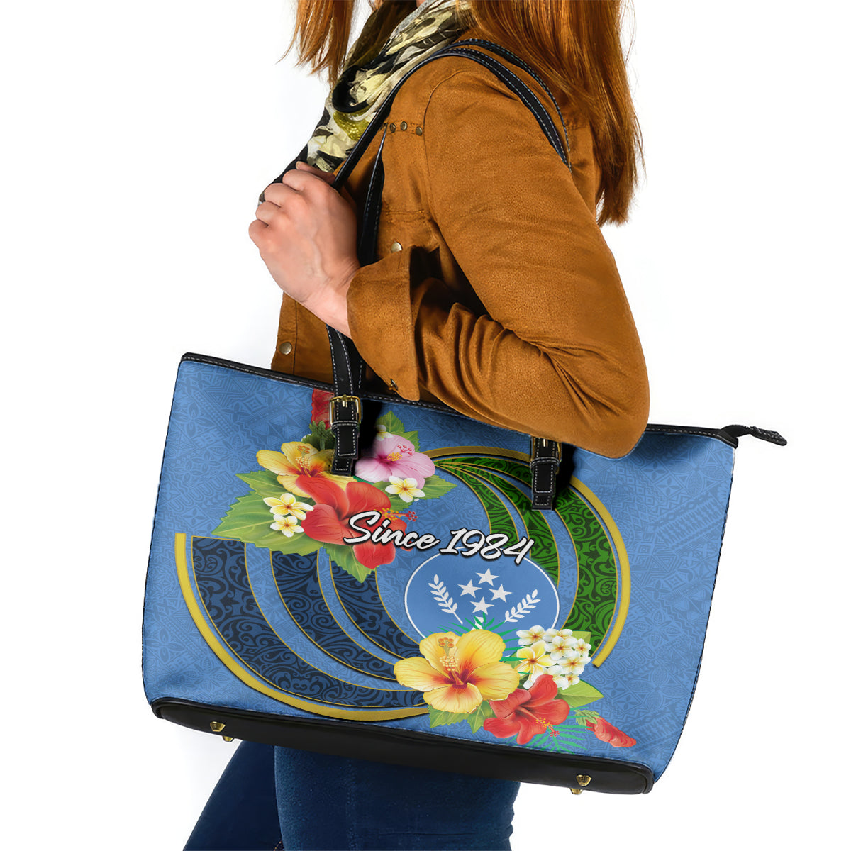 Kosrae Constitution Day Leather Tote Bag Hibiscus Mix Maori Tattoo Pattern LT03 Blue - Polynesian Pride