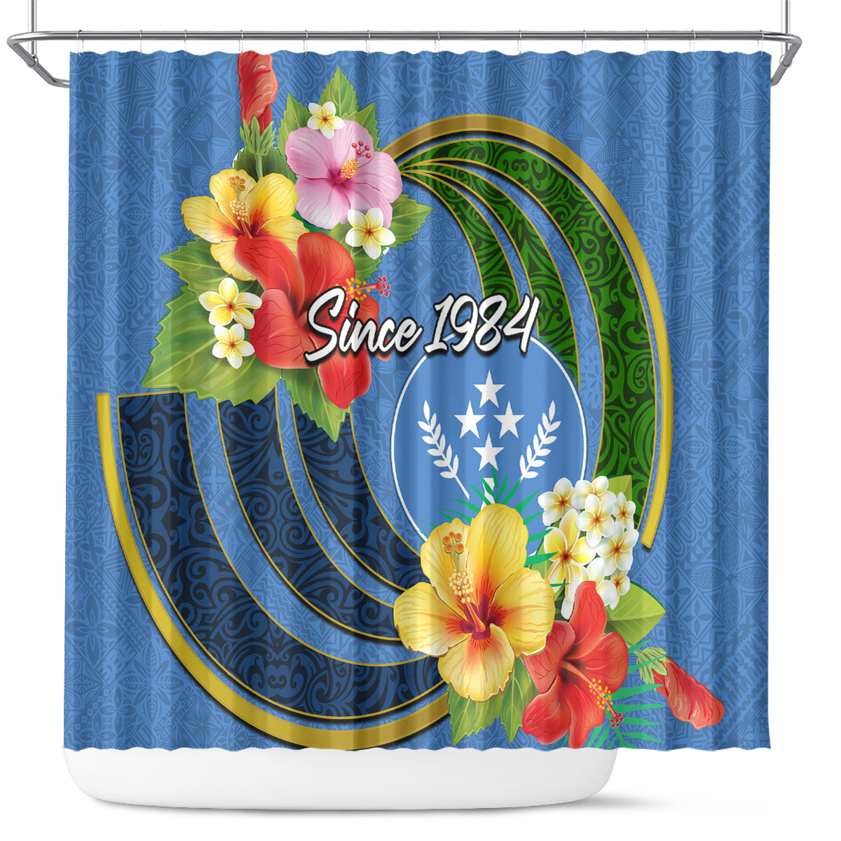 Kosrae Constitution Day Shower Curtain Hibiscus Mix Maori Tattoo Pattern LT03 Blue - Polynesian Pride