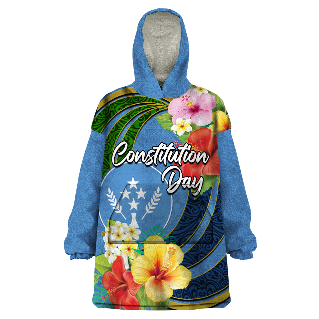 Kosrae Constitution Day Wearable Blanket Hoodie Hibiscus Mix Maori Tattoo Pattern LT03 One Size Blue - Polynesian Pride