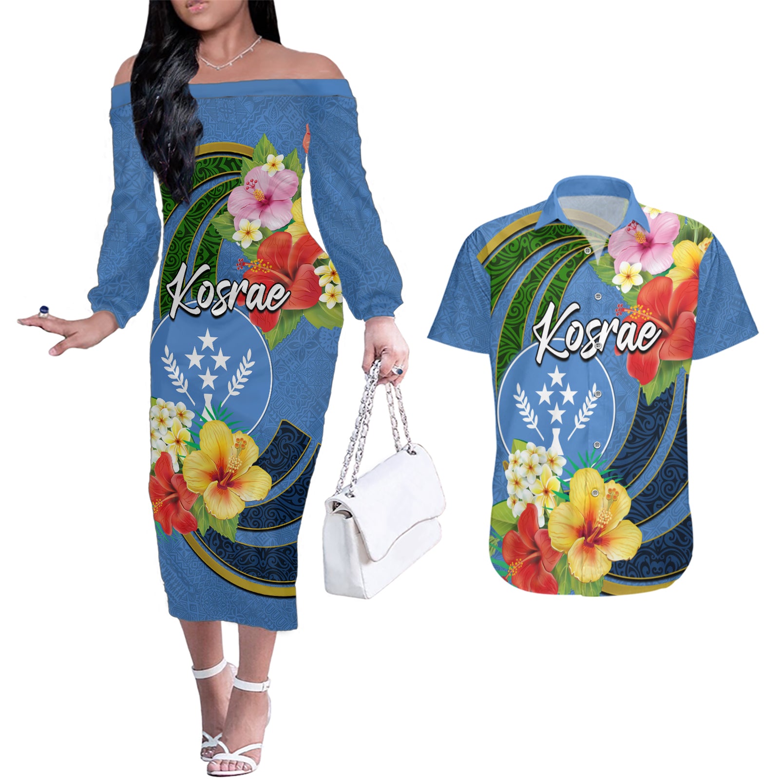 Kosrae Couples Matching Off The Shoulder Long Sleeve Dress and Hawaiian Shirt Hibiscus Mix Maori Tattoo Pattern LT03 Blue - Polynesian Pride