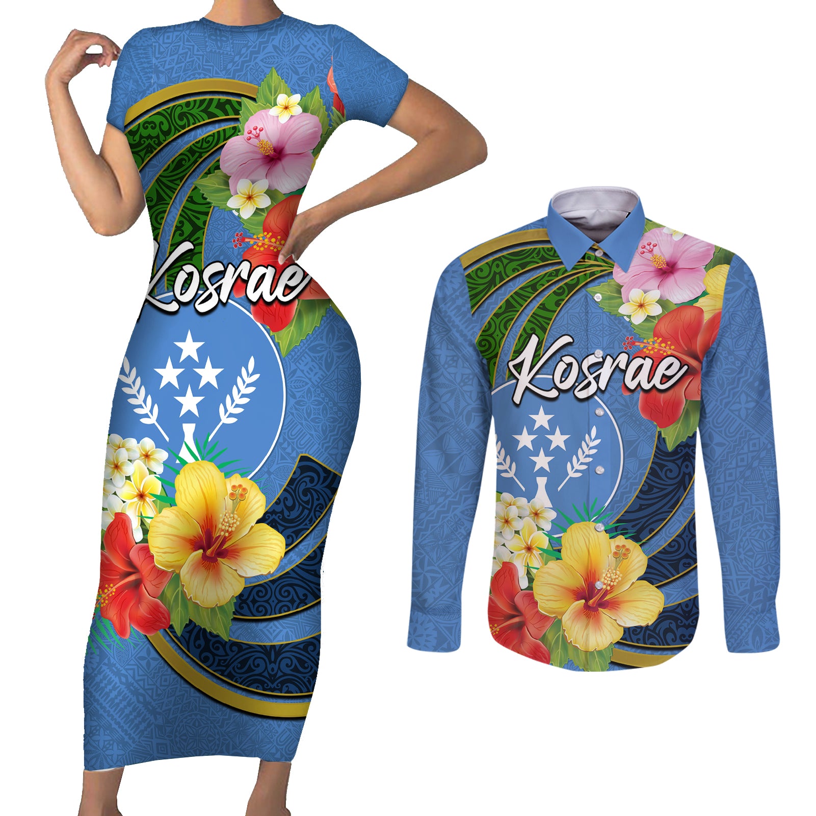 Kosrae Couples Matching Short Sleeve Bodycon Dress and Long Sleeve Button Shirt Hibiscus Mix Maori Tattoo Pattern LT03 Blue - Polynesian Pride