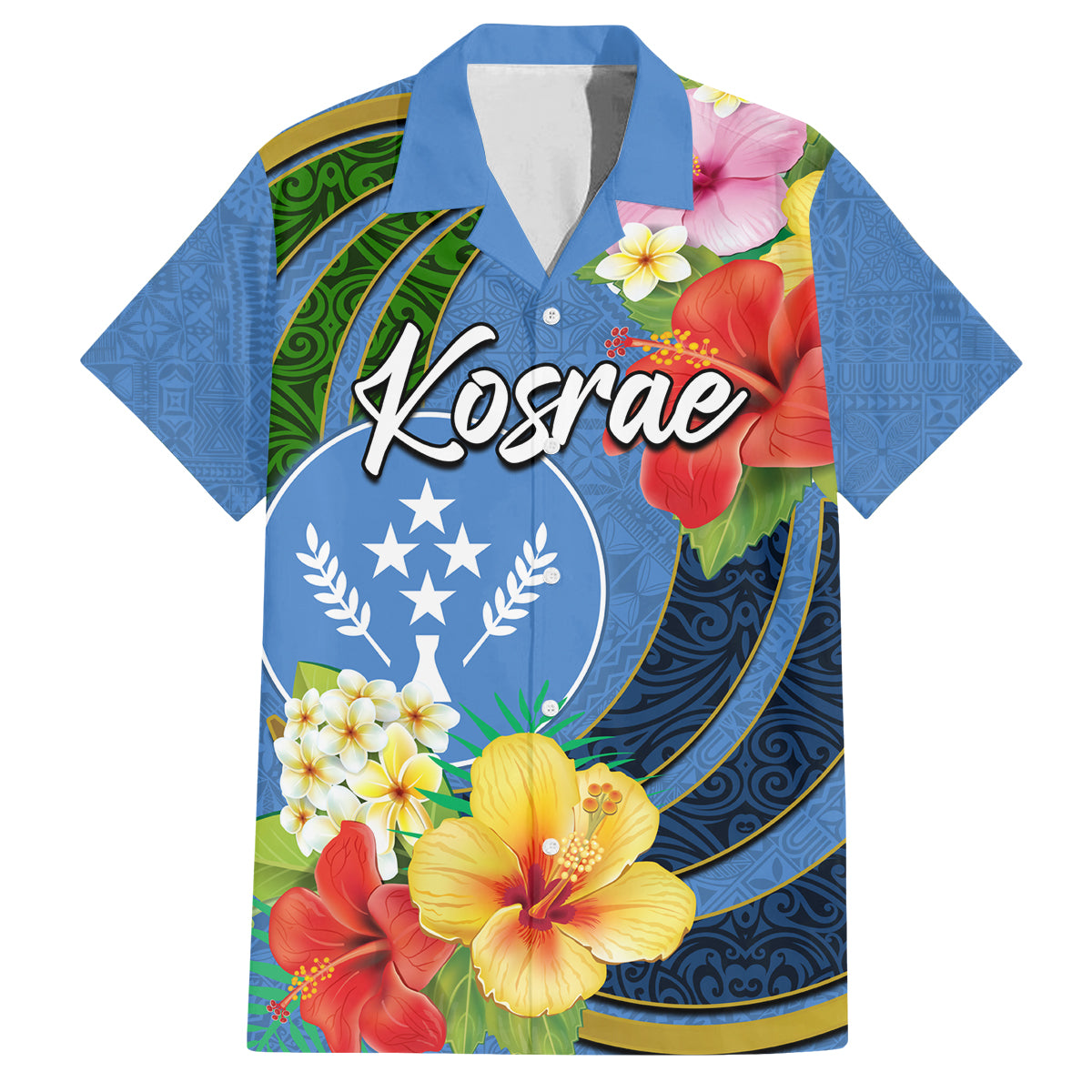 Kosrae Family Matching Off Shoulder Maxi Dress and Hawaiian Shirt Hibiscus Mix Maori Tattoo Pattern LT03 Dad's Shirt - Short Sleeve Blue - Polynesian Pride