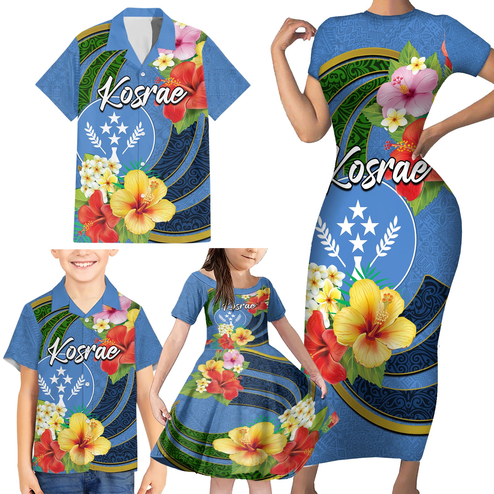 Kosrae Family Matching Short Sleeve Bodycon Dress and Hawaiian Shirt Hibiscus Mix Maori Tattoo Pattern LT03 - Polynesian Pride