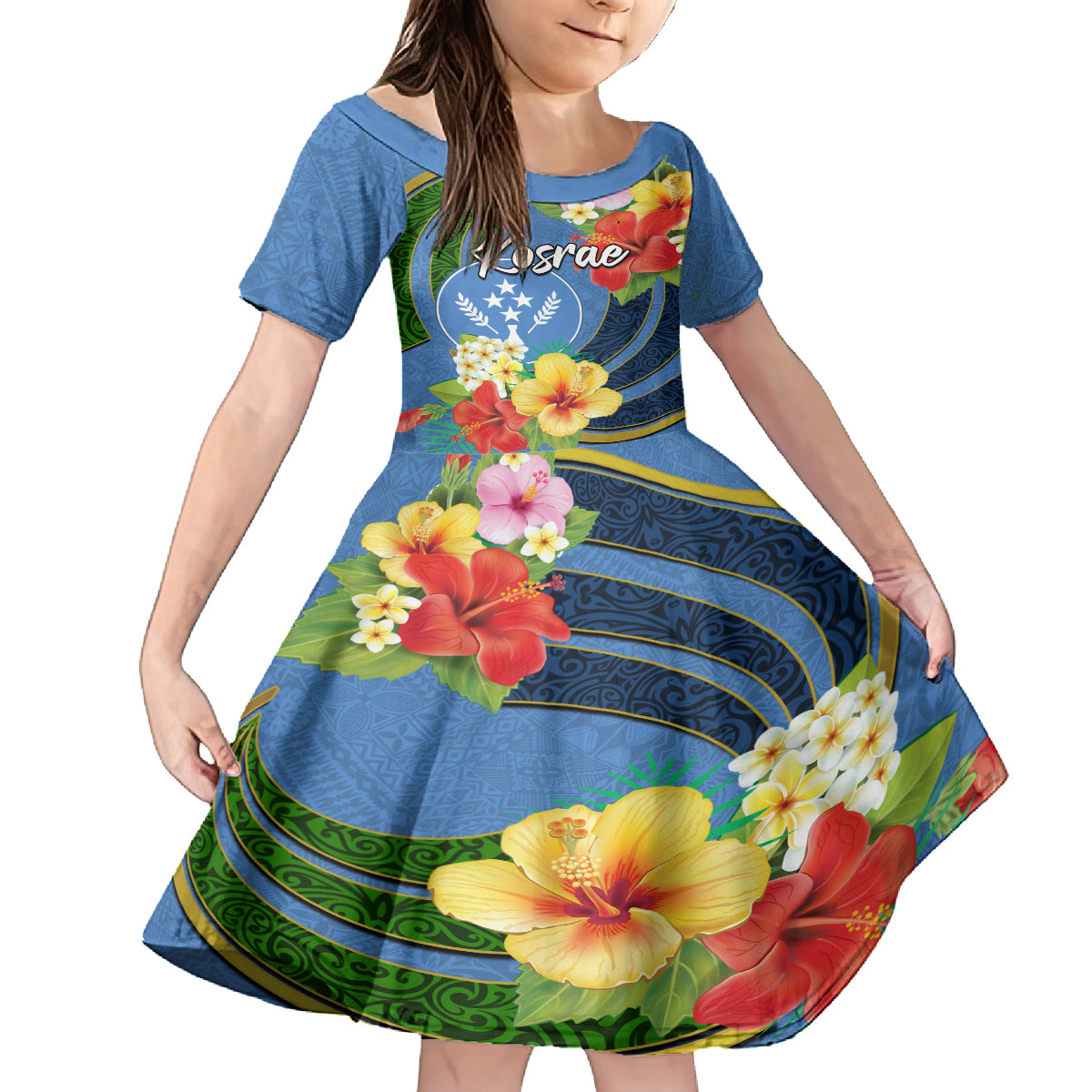 Kosrae Kid Short Sleeve Dress Hibiscus Mix Maori Tattoo Pattern LT03 KID Blue - Polynesian Pride