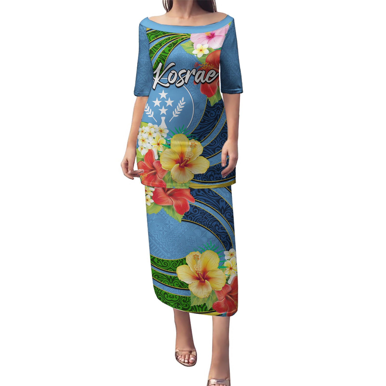 Kosrae Puletasi Hibiscus Mix Maori Tattoo Pattern LT03 Long Dress Blue - Polynesian Pride