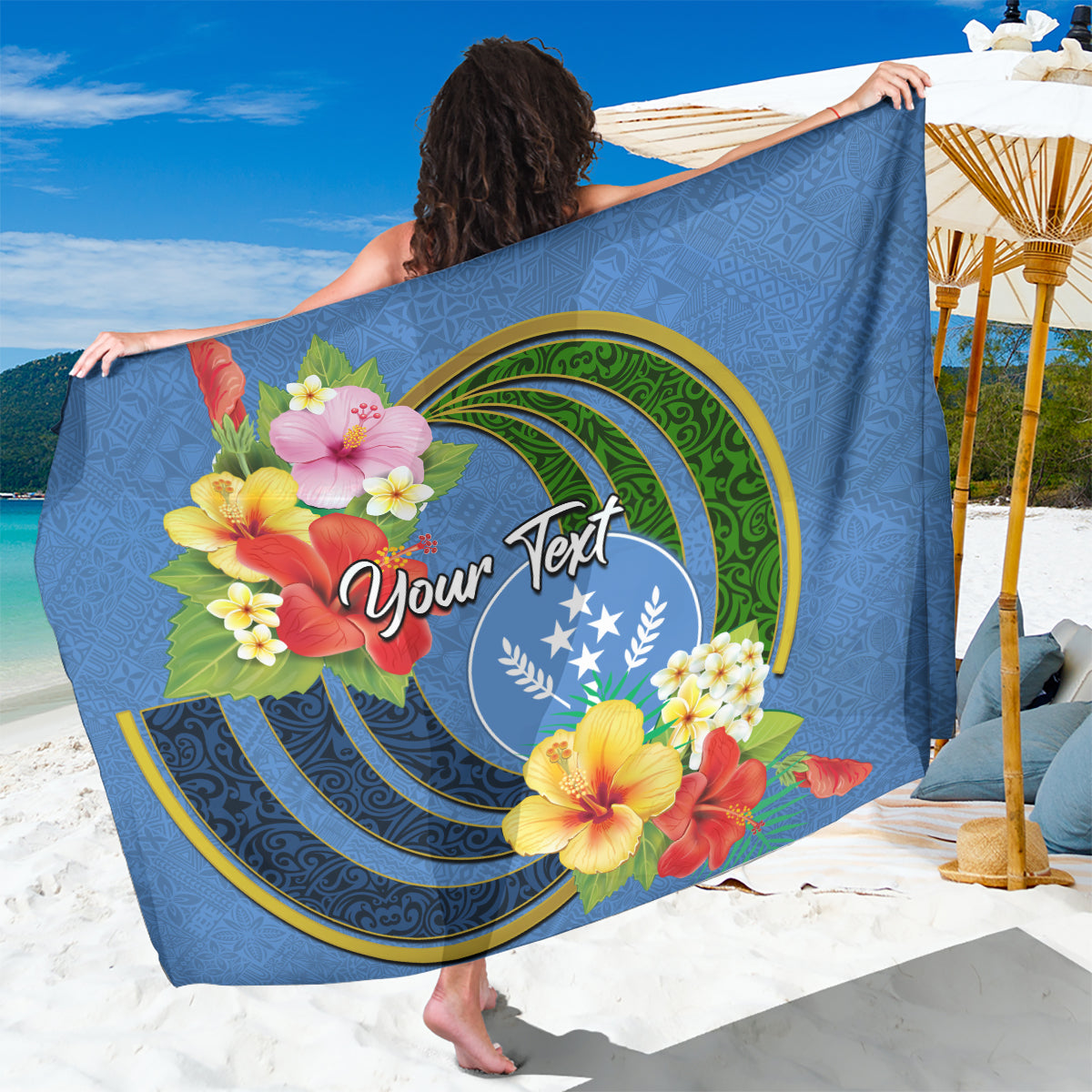 Kosrae Sarong Hibiscus Mix Maori Tattoo Pattern LT03 One Size 44 x 66 inches Blue - Polynesian Pride