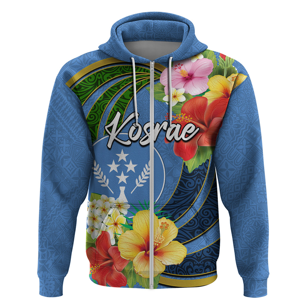 Kosrae Zip Hoodie Hibiscus Mix Maori Tattoo Pattern LT03 Zip Hoodie Blue - Polynesian Pride