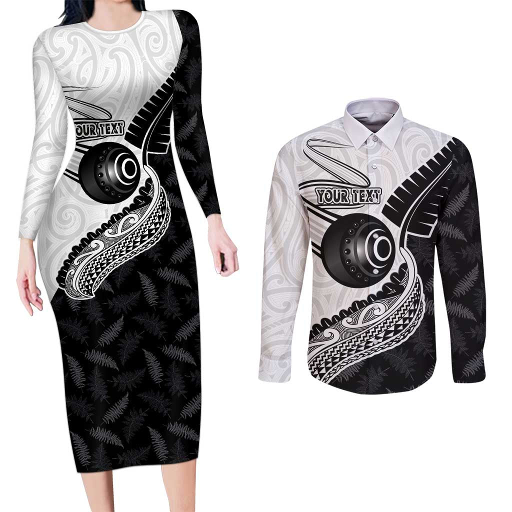 Personalised Aotearoa Lawn Bowls Couples Matching Long Sleeve Bodycon Dress and Long Sleeve Button Shirt Maori and Silver Fern Half Style - Polynesian Pride