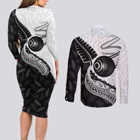 Personalised Aotearoa Lawn Bowls Couples Matching Long Sleeve Bodycon Dress and Long Sleeve Button Shirt Maori and Silver Fern Half Style - Polynesian Pride