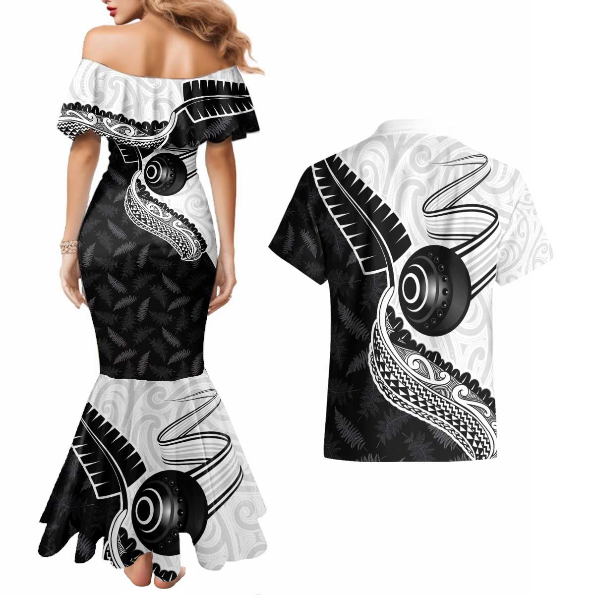 Personalised Aotearoa Lawn Bowls Couples Matching Mermaid Dress and Hawaiian Shirt Maori and Silver Fern Half Style - Polynesian Pride